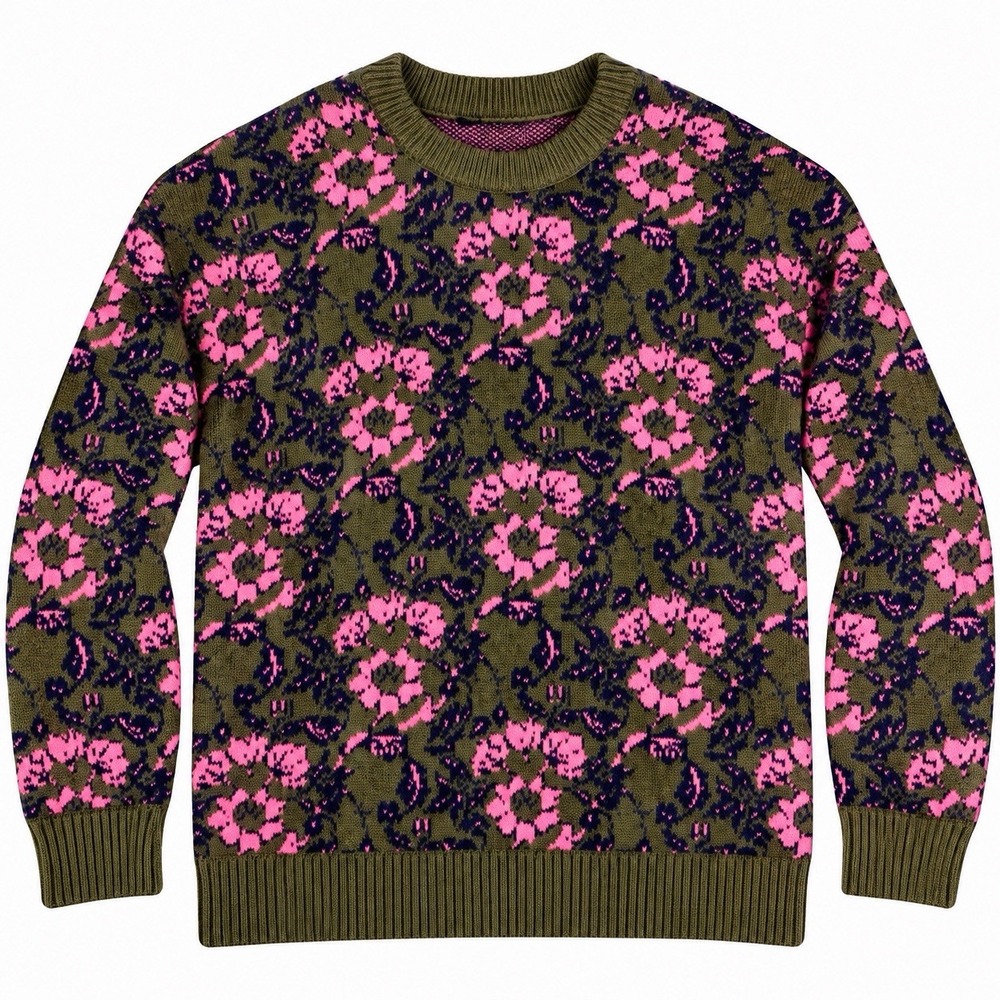 ZARA Knit women's M Floral Jacquard Sweater Olive Green Pink Crewneck Pullover
